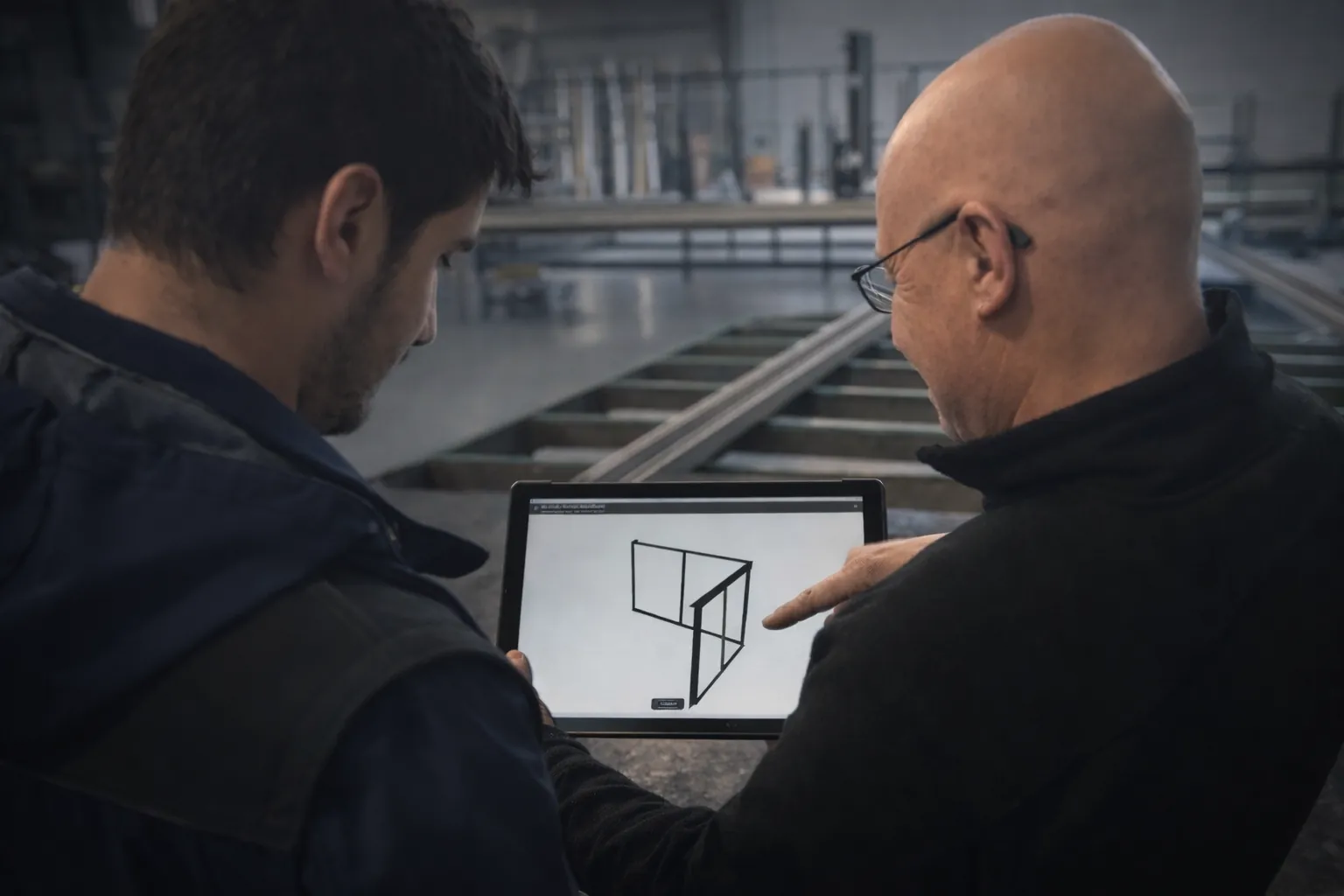 L'équipe AppliDesign en discussion sur un plan dans l'atelier de menuiserie