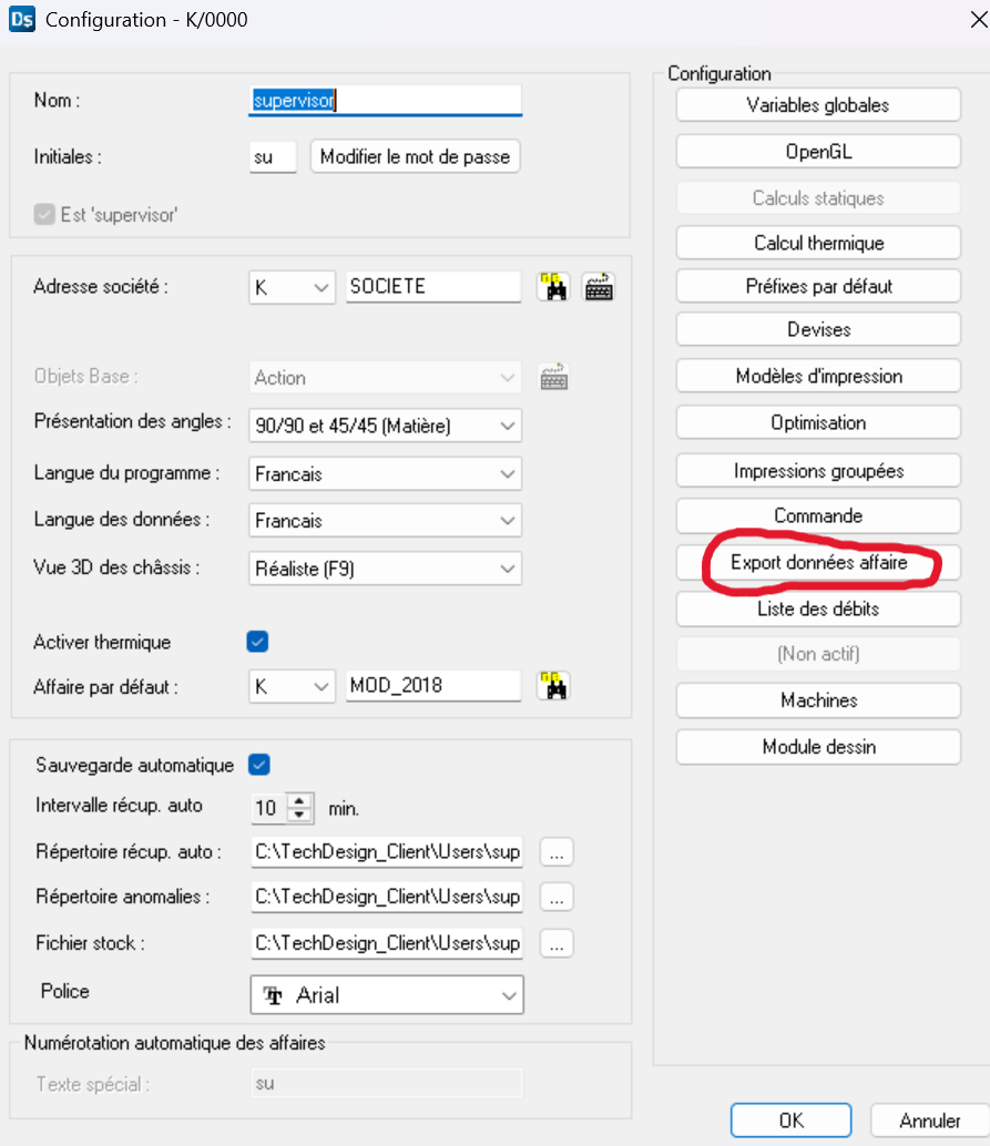 TechDesign — Configuration (Export données affaire)