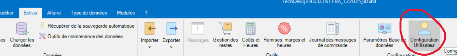 TechDesign — menu de l’en-tête (Configuration Utilisateur)